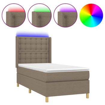 Cama Box Spring Colchón Y Luces Led Tela Gris Taupe 100x200 Cm