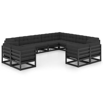 Set De Muebles De Jardín 12 Piezas Con Cojines Madera Pino Negro