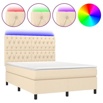 Cama Box Spring Colchón Y Luces Led Tela Crema 140x200 Cm