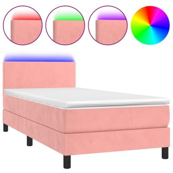 Cama Box Spring Colchón Y Led Terciopelo Rosa 90x200 Cm