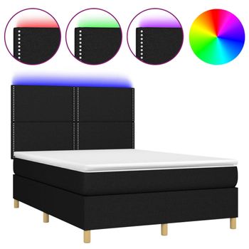 Cama Box Spring Colchón Y Luces Led Tela Negro 140x190 Cm