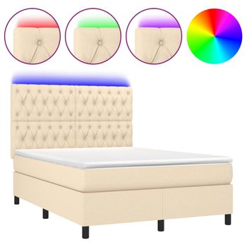 Cama Box Spring Colchón Y Luces Led Tela Crema 140x190 Cm