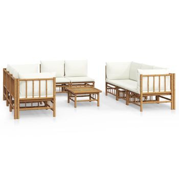 Set De Muebles De Jardín 9 Piezas Bambú Y Cojines Blanco Crema