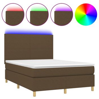 Cama Box Spring Colchón Luces Led Tela Marrón Oscuro 140x190 Cm