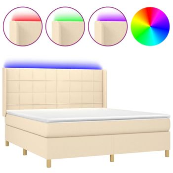 Cama Box Spring Colchón Y Luces Led Tela Crema 160x200 Cm