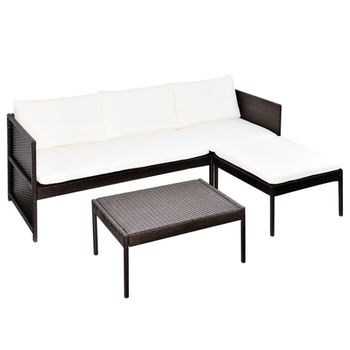 Set Muebles De Jardín 3 Piezas Y Cojines Ratán Sintético Marrón