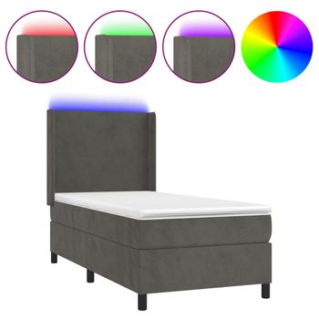 Cama Box Spring Colchón Y Led Terciopelo Gris Oscuro 90x190 Cm