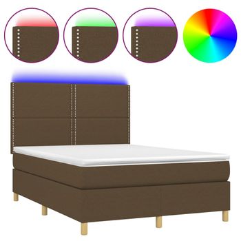 Cama Box Spring Colchón Luces Led Tela Marrón Oscuro 140x200cm