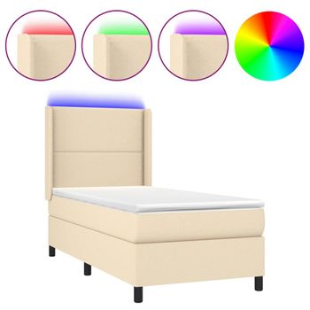 Cama Box Spring Colchón Y Luces Led Tela Crema 80x200 Cm