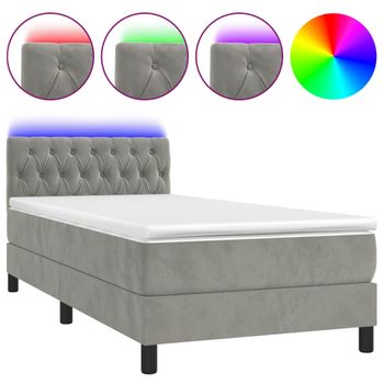 Cama Box Spring Colchón Y Led Terciopelo Gris Claro 100x200 Cm