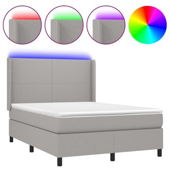 Cama Box Spring Colchón Y Luces Led Tela Gris Claro 140x190 Cm