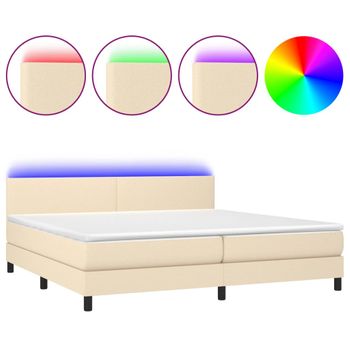 Cama Box Spring Con Colchón Y Led Tela Crema 200x200 Cm