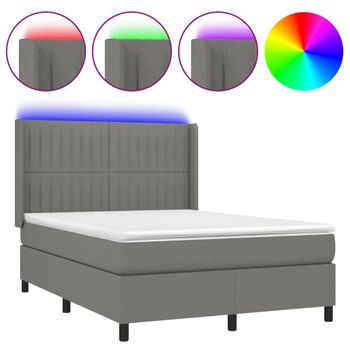 Cama Box Spring Colchón Y Luces Led Tela Gris Oscuro 140x190 Cm