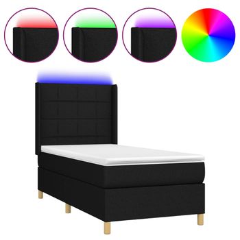 Cama Box Spring Colchón Y Luces Led Tela Negro 100x200 Cm