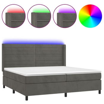 Cama Box Spring Colchón Y Led Terciopelo Gris Oscuro 200x200 Cm