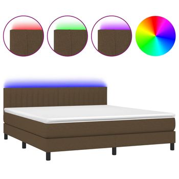 Cama Box Spring Colchón Luces Led Tela Marrón Oscuro 160x200cm