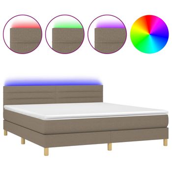 Cama Box Spring Con Colchón Led Tela Gris Taupe 160x200 Cm