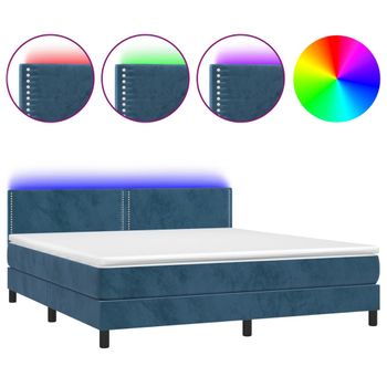 Cama Box Spring Colchón Y Led Terciopelo Azul Oscuro 160x200 Cm