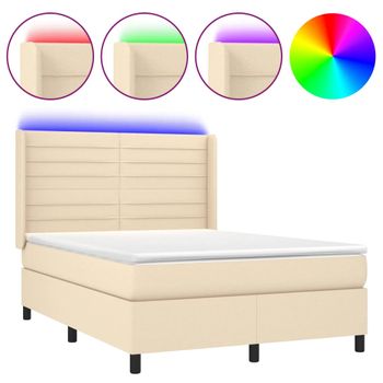 Cama Box Spring Colchón Y Luces Led Tela Crema 140x200 Cm