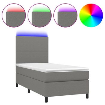 Cama Box Spring Colchón Y Luces Led Tela Gris Oscuro 100x200 Cm