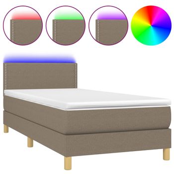 Cama Box Spring Con Colchón Led Tela Gris Taupe 100x200 Cm