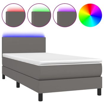 Cama Box Spring Y Colchón Led Cuero Sintético Gris 90x200 Cm