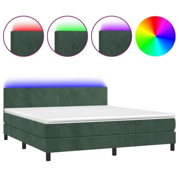 Cama Box Spring Colchón Y Led Terciopelo Verde Oscuro 180x200cm