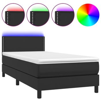 Cama Box Spring Y Colchón Led Cuero Sintético Negro 90x190 Cm