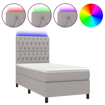 Cama Box Spring Colchón Y Luces Led Tela Gris Claro 90x200 Cm