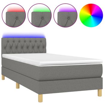 Cama Box Spring Con Colchón Y Led Tela Gris Oscuro 100x200 Cm