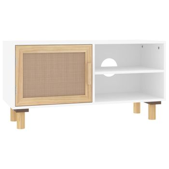 Mueble Para Tv Madera Maciza Pino Y Ratán Natural 80x30x40 Cm