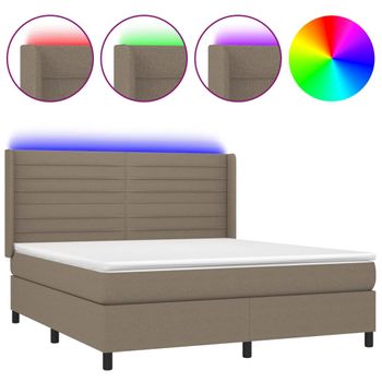 Cama Box Spring Colchón Y Luces Led Tela Gris Taupe 160x200 Cm