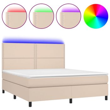 Cama Box Spring Colchón Led Cuero Sintético Capuchino 160x200cm