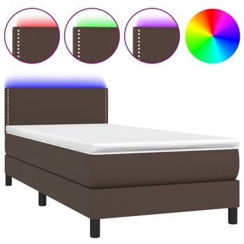 Cama Box Spring Y Colchón Led Cuero Sintético Marrón 90x200 Cm