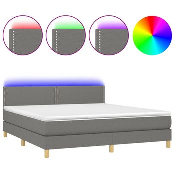 Cama Box Spring Con Colchón Y Led Tela Gris Oscuro 180x200 Cm