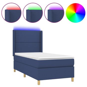 Cama Box Spring Colchón Y Luces Led Tela Azul 100x200 Cm