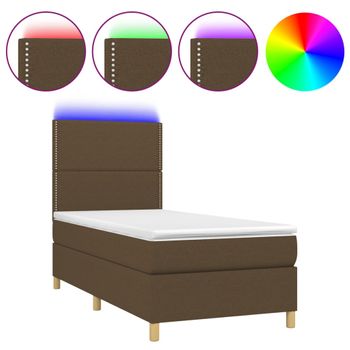 Cama Box Spring Colchón Y Luces Led Tela Marrón Oscuro 90x200cm