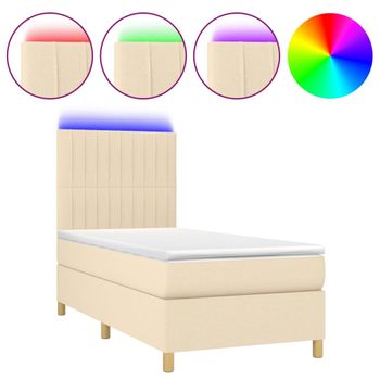 Cama Box Spring Colchón Y Luces Led Tela Crema 80x200 Cm