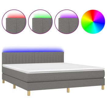 Cama Box Spring Con Colchón Y Led Tela Gris Oscuro 180x200 Cm