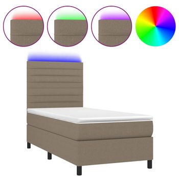 Cama Box Spring Colchón Y Luces Led Tela Gris Taupe 90x190 Cm