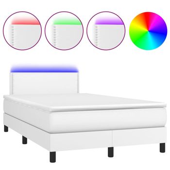 Cama Box Spring Colchón Y Led Cuero Sintético Blanco 120x200 Cm