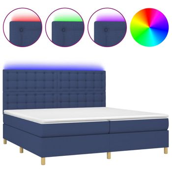 Cama Box Spring Colchón Y Luces Led Tela Azul 200x200 Cm