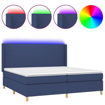 Cama Box Spring Colchón Y Luces Led Tela Azul 200x200 Cm