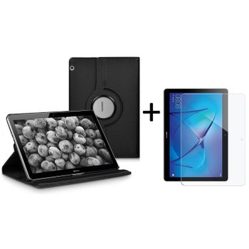 Funda Para Tablet Huawei Mediapad T3 10 9.6" - Giratoria 360º De Cuero Sintético - Smart Cover Completo Y Plegable Color Negro + Cristal Templado
