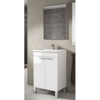 Mueble Lavabo De Baño-aseo Pequeño Con Espejo Incluido Y Lavamanos Cerámico, 2 Puertas Color Blanco Brillo 50 Ancho X 80 Alto X 40 Profundidad