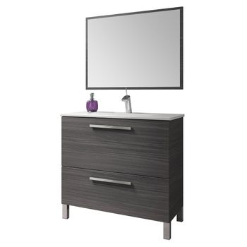 Mueble De Baño O Aseo Con Espejo Y Marco A Juego Incluido Puertas Abatibles Y Cierre Amortiguado Color Gris Ceniza 80x80x45cm Lavamanos Incluido