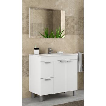 Mueble Lavabo De Baño O Aseo Con Lavamanos Cerámico Y Un Fantástico Espejo A Juego, Dos Puertas Y Dos Cajones Color Blanco Brillo 80x80x45cm