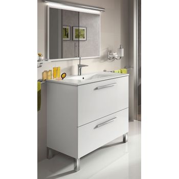 Mueble Lavabo De Baño O Aseo Con Lavamanos Cerámico Y Espejo, Con Marco A Juego Incluido, Puerta Abatible Y Cajón Amortiguado Color Blanco Brillo 80x80x45