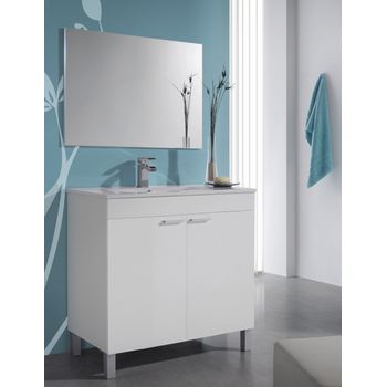 Mueble Lavabo De Baño O Aseo Con Lavamanos De Pmma Y Espejo A Juego Con Dos Puertas Color Blanco Brillo 80x80x45cm