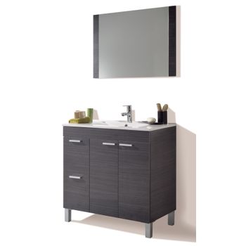 Mueble Para Baño O Aseo Con Espejo 2 Puertas Y 2 Cajones Con Lavamanos De Pmma Color Gris Ceniza 80x80x45 Cm